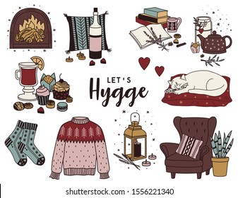 Hand drawn hygge set. Cute doodle elements in scandinavian style. Perfect for greeting card, posters, stickers. Vector illustration.