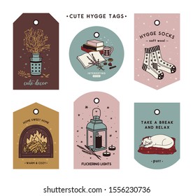 Hand drawn hygge tags. Cute doodle elements in scandinavian style. Vector illustration.
