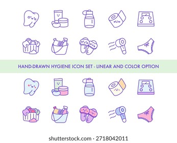 Hand Drawn Hygiene Icon Set - Tooth, Skincare, Soap Dispenser, Toilet Paper, Digital Scale, Laundry Basket, Toiletries Bag, Slippers, Hair Dryer and Underwear for Cleanliness and Personal Care.