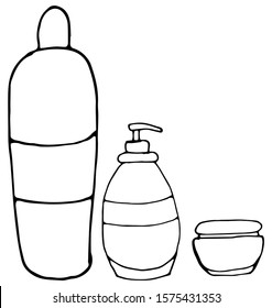 Hand drawn hygiene set. Includes such icons, soap, cleanliness, shampoo isolated on a white background.