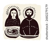 Hand drawn iblical nativity characters m Mary, Joseph and the baby Jesus christ child in crib. Isolated vector icon for christmas ile study character card