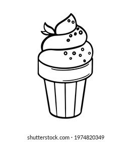 Hand drawn ice cream balls served in paper bowl decorated with mint leaves. Vector hand drawn illustration
