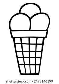 Hand drawn Ice cream balls in a waffle cup in outline style isolated on a white background. Vector icon illustration. Template for greeting card, postcard, print, fashion design, menu.