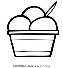 Hand drawn Ice cream balls in a cup in outline style isolated on a white background. Vector icon illustration. Template for greeting card, postcard, print, fashion design, menu.