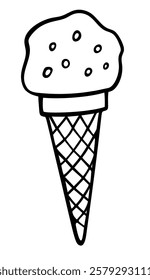 Hand drawn Ice cream balls in a waffle cup in outline style isolated on a white background. Vector icon illustration. Template for greeting card, postcard, print, fashion design, menu.
