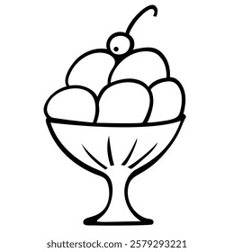 Hand drawn Ice cream balls in a cup in outline style isolated on a white background. Vector icon illustration. Template for greeting card, postcard, print, fashion design, menu.