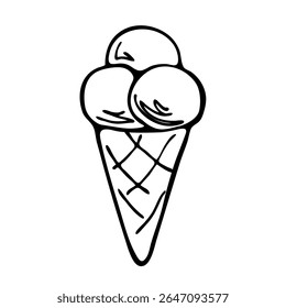 Bolinhas de sorvete desenhadas à mão em cone de waffle, esboço de doodle isolado no branco. Desenho em linha preto e branco de três colheres de gelato. Clipart de vetor para design gráfico e impressão.