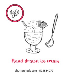 Hand drawn ice cream with big ice cream balls and waffles and spoon. Vector stock illustration. Sweet shop collection. Frozen yogurt. 
