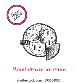 Hand drawn ice cream with big ice cream balls and waffles . Vector stock illustration. Sweet shop collection. Frozen yogurt. 