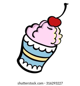 Hand drawn ice cream with cherry on the white background. Vector illustration.