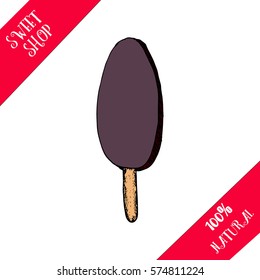 Hand drawn ice cream with chocolate . Vector stock illustration. Sweet shop collection. Frozen yogurt.