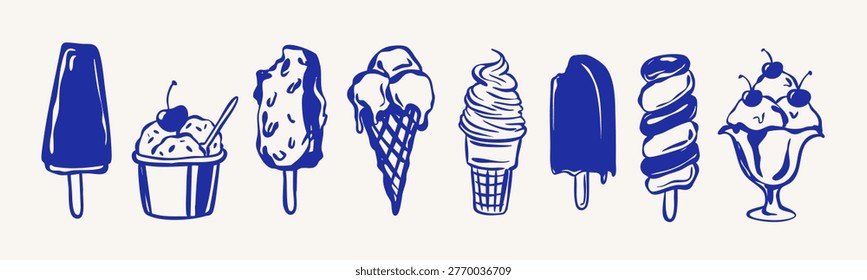 Hand drawn ice cream collection with popsicles, ice cream cones, sundae and gelato. Summer sweet food vector clipart.