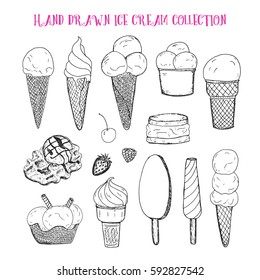 Hand drawn ice cream collection: different types os deserts with waffle, big ice cream balls, ice cream sandwich. Vector stock illustration. Sweet shop collection. Colored sketch.