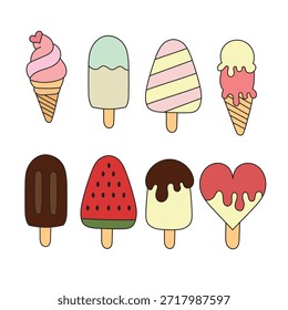 hand drawn ice cream colored version on white background