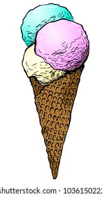 Hand drawn ice cream cone isolated on white background. Vector sketch illustration. Template for greeting card, postcard, print, fashion design, menu.