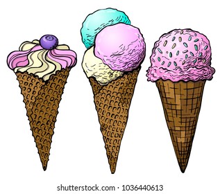 Hand drawn ice cream cone isolated on white background. Vector sketch illustration. Template for greeting card, postcard, print, fashion design, menu.