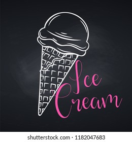 Hand drawn ice cream cone on chalkboard. Template menu cafe. for design menu cafe, label and packaging. Engraving style. Vector illustration.