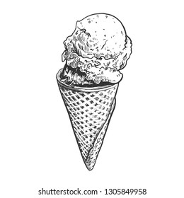 Hand drawn ice cream in cone sketch, pen and ink vintage etching illustration. Black and white engraving, isolated on white background.