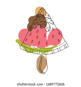Hand drawn ice cream cone with color spots isolated on white background. Sketch by trace. Vector illustration