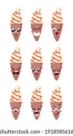 Hand Drawn Ice Cream Cone Vector Artistic Drawing. Summer Illustration Sweet Fast Food Emoticon. Funny Emoji