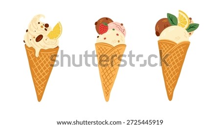 Hand drawn ice cream cone set vector illustration. Gelato, lemon icecream italian dessert.