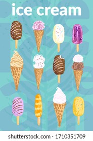 Hand drawn ice cream cones and popsickles on green summer background with palm leaf. For food design, packaging, menu.