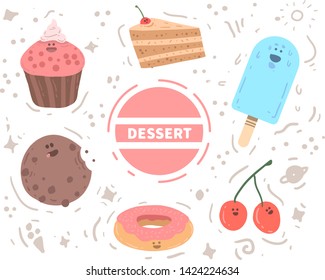 Hand drawn ice cream , cookie , cherries  , donut and pancake . dessert vector illustration
