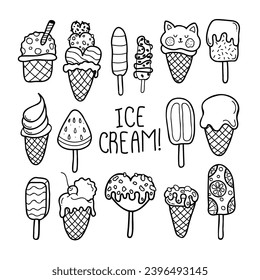 Hand drawn ice cream in a cup, in a waffle cone and popsicle in doodle style. Stock vector isolated illustration on white background. In black and white.