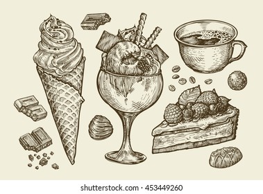 Hand drawn ice cream, dessert, cake, cup of coffee. Vector illustration