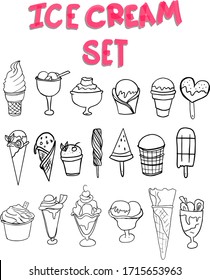 Hand drawn ice cream doodle set. Vector collection of sweets