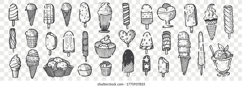 Hand drawn ice cream doodle set. Collection of pencil chalk drawing sketches of different various shape size form sweet tasty sundae on transparent background. Unhealthy nutrition fast food.