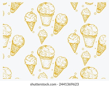 Hand drawn ice cream doodle set background with blue lettering in vector  steel, ceramic, glass, waffle and paper bowls. Vector hand drawn illustration in vintage engraved style cone ice cream sweet