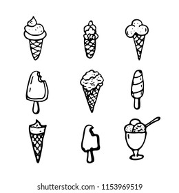 Hand Drawn ice cream doodles set. Sketch style icons. Decoration element. Isolated on white background. Flat design. Vector illustration.