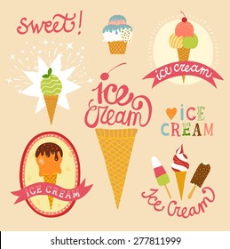 Hand drawn ice cream emblems set. Cute cartoon ice cream poster made in vector.