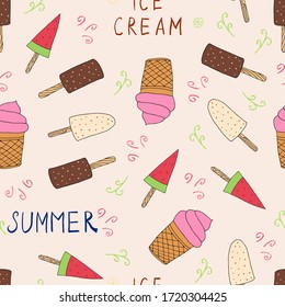 Hand drawn Ice cream food seamless pattern. Ice cream Vector illustration in doodle style