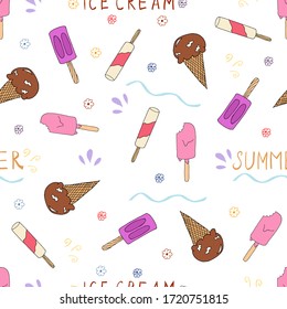 Hand drawn Ice cream food seamless pattern. Ice cream Vector illustration in doodle style