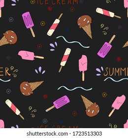 Hand drawn Ice cream food seamless pattern. Ice cream Vector illustration in doodle style