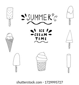 Hand drawn Ice cream food isolated on white background. Ice cream set Vector illustration in doodle style. Freehand drawing