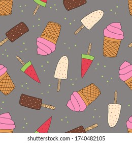 Hand drawn Ice cream food seamless pattern. Ice cream Vector illustration in doodle style