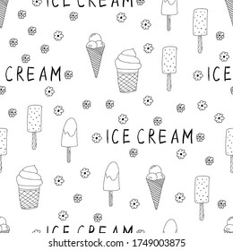 Hand drawn Ice cream food seamless pattern. Ice cream Vector illustration in doodle style