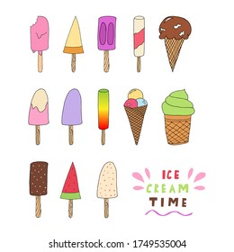 Hand drawn Ice cream food isolated on white background. Ice cream set Vector illustration in doodle style. Freehand drawing