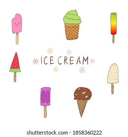 Hand drawn Ice cream food isolated on white background. Ice cream set Vector illustration in doodle style. Freehand drawing