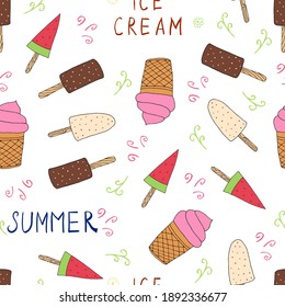 Hand drawn Ice cream food seamless pattern. Ice cream Vector illustration in doodle style