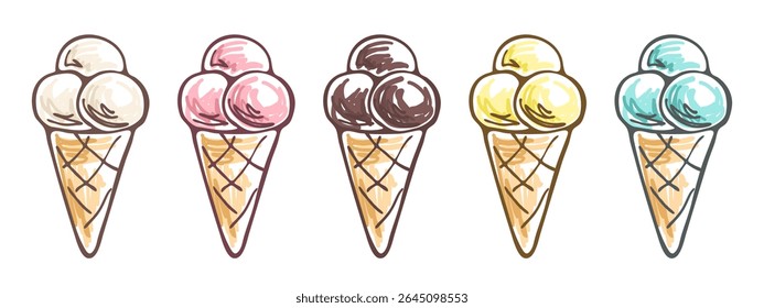 Hand drawn ice cream isolated on white. Three multi colored balls in waffle cone, doodle sketch or scribble drawing. Vanilla, strawberry, chocolate and mint gelato scoops, vector clipart.