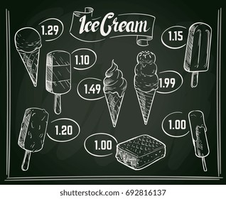 Hand drawn ice cream menu vector design on chalkboard. Menu with ice cream on chalkboard drawing, vector illustration