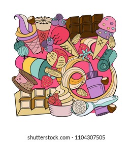 Hand drawn ice cream. Miscellaneous ice cream with topping, nuts, berries, chocolate and cookies. Vector Doodle illustration.