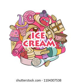 Hand drawn ice cream. Miscellaneous ice cream with topping, nuts, berries, chocolate and cookies. Vector Doodle illustration.