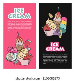 Hand drawn ice cream. Miscellaneous ice cream with topping, nuts, berries, chocolate and cookies. Vector Doodle illustration.