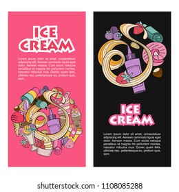 Hand drawn ice cream. Miscellaneous ice cream with topping, nuts, berries, chocolate and cookies. Vector Doodle illustration.