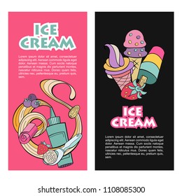 Hand drawn ice cream. Miscellaneous ice cream with topping, nuts, berries, chocolate and cookies. Vector Doodle illustration.
